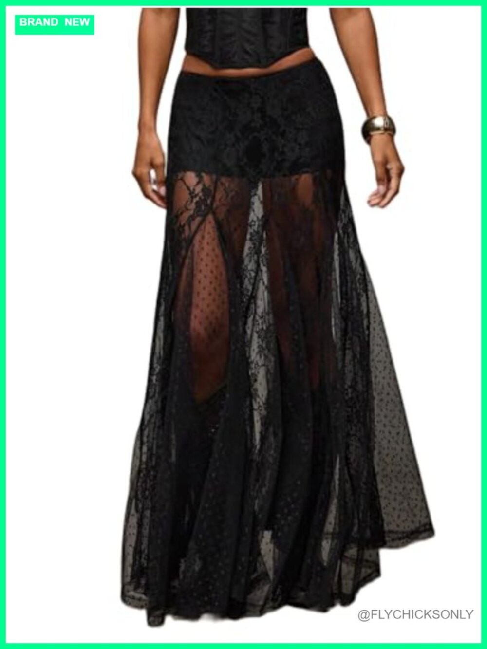 Sheer Floral Lace A-Line Maxi Skirt Low Waist See Through Long Flowy